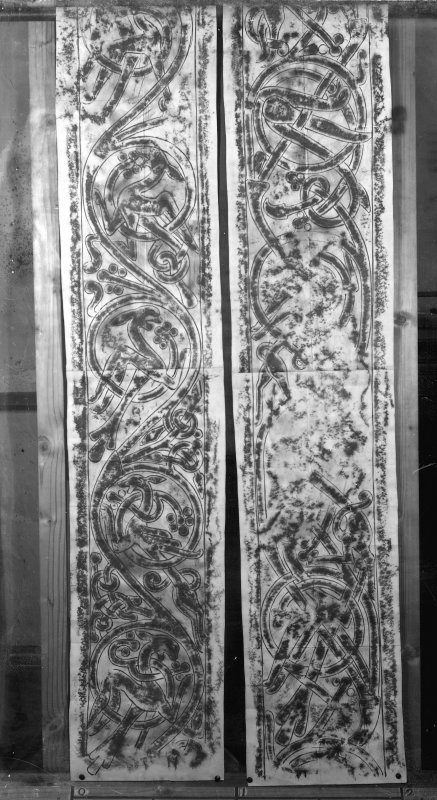 Photographic copy of two rubbings showing the lower interlacing panels from the face of Hilton of Cadboll Pictish symbol stone, originally from Hilton of Cadboll, now in the National Museums of Scotland.
