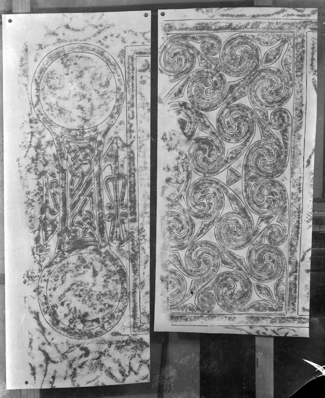 Photographic copy of two rubbings showing details from the face of Hilton of Cadboll Pictish symbol stone. Originally from Hilton of Cadboll, Highland, now in the National Museums of Scotland.