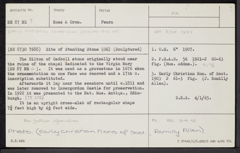 Hilton Of Cadboll, 'Cadboll Stone', NH87NE 7, Ordnance Survey index card, Recto