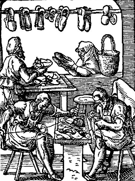 1548 woodcut of a shoemaker's shop